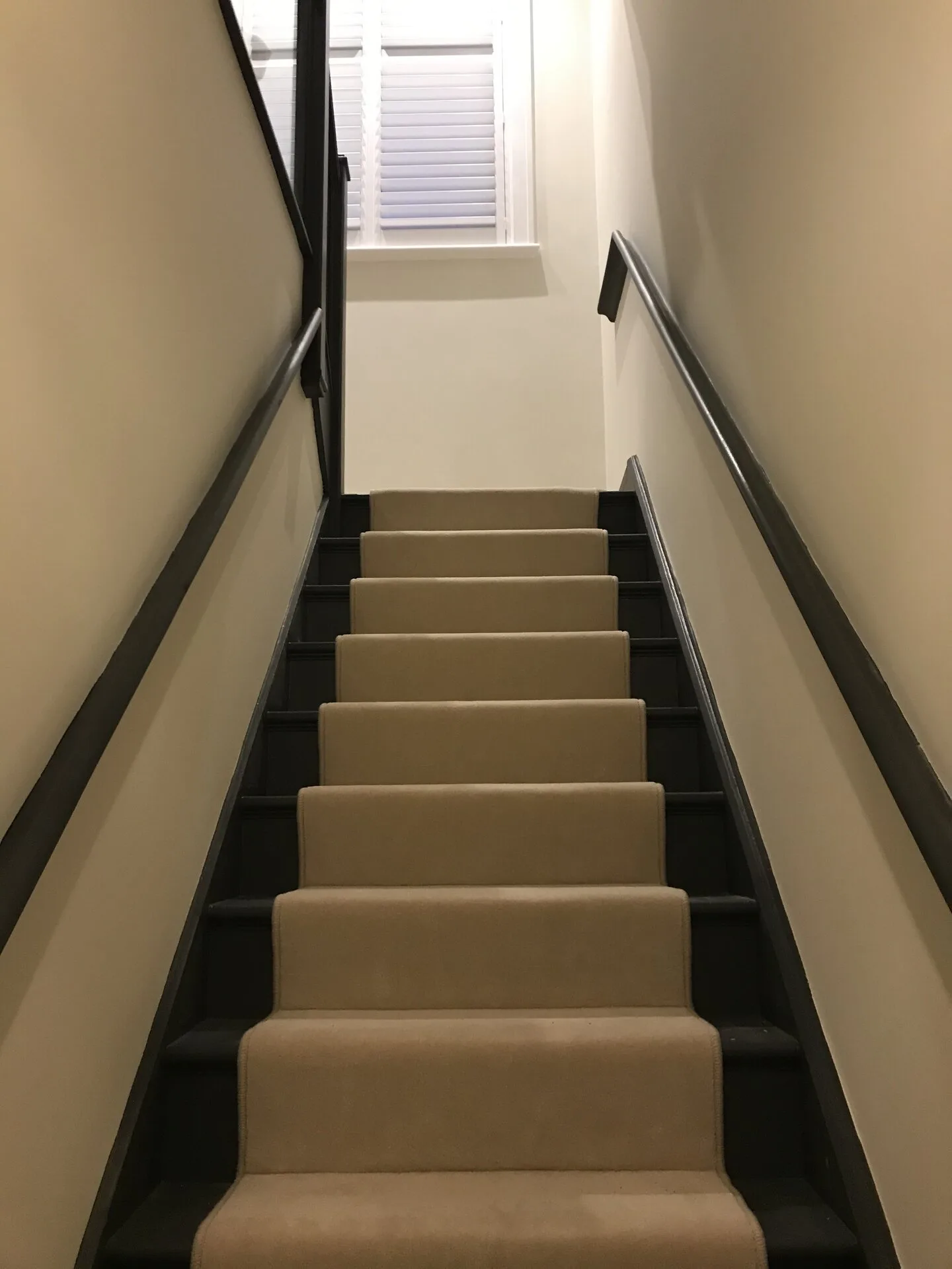 Black staircase with carpet runner
